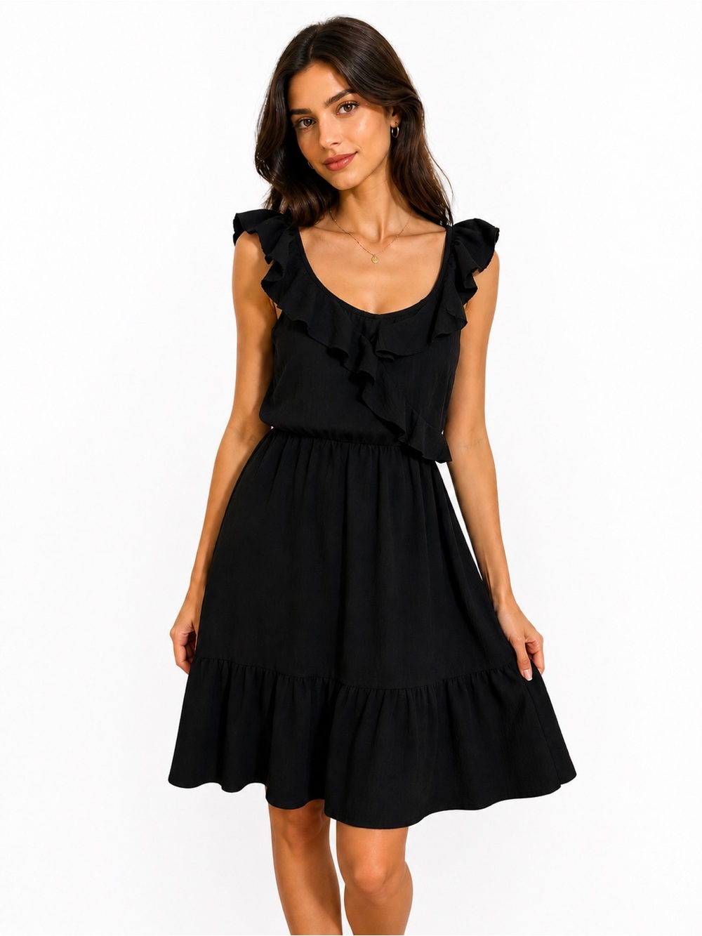 See You Monday Classic Coquette Black Ruffle Tiered Mini Dress